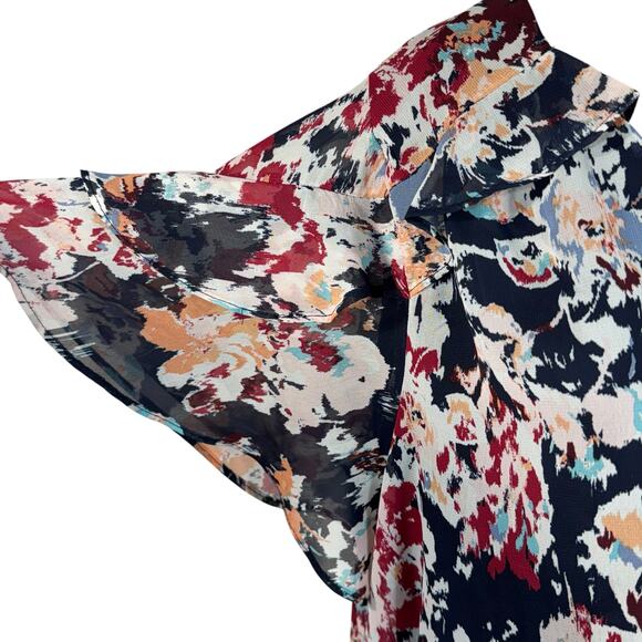 Lane Bryant SZ 18 Top Abstract Floral Lined V-Neck Ruffled Flutter Sleeves Multi - Picture 3 of 10